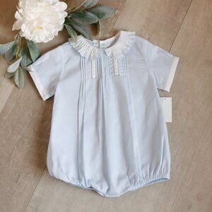 Boy's Blue and White Creeper Romper Heirloom Collection Vintage Scalloped Collar